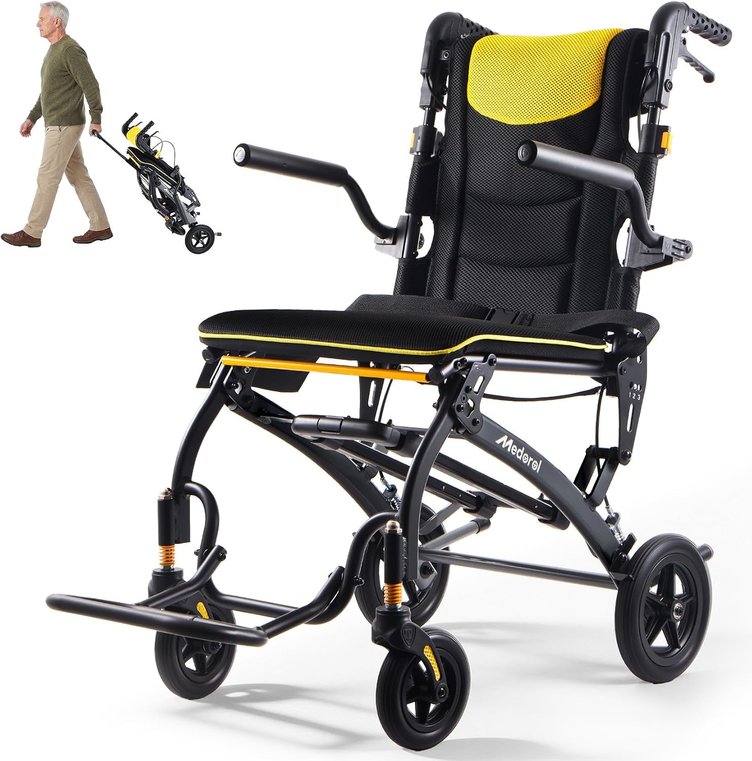 Premium Travel Wheelchair lightweight black and yellow folding transport chair with reclining backrest