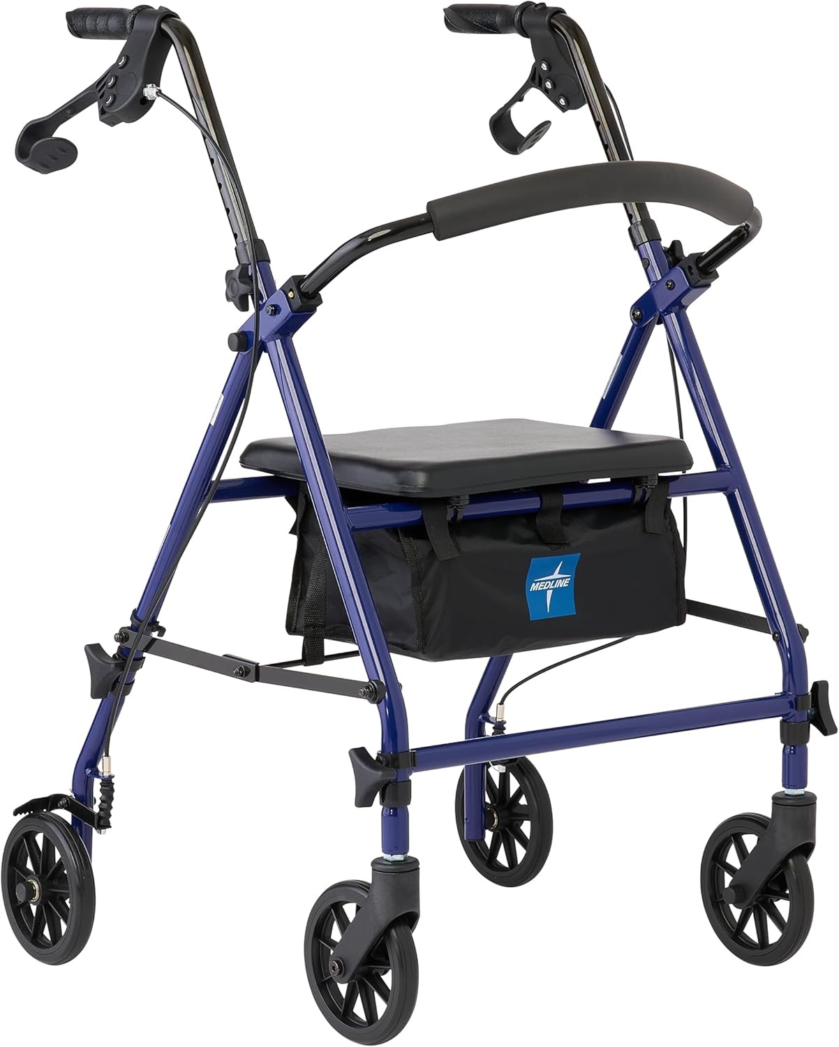 Signature Comfort Rollator blue four-wheel walker with padded seat and storage bag