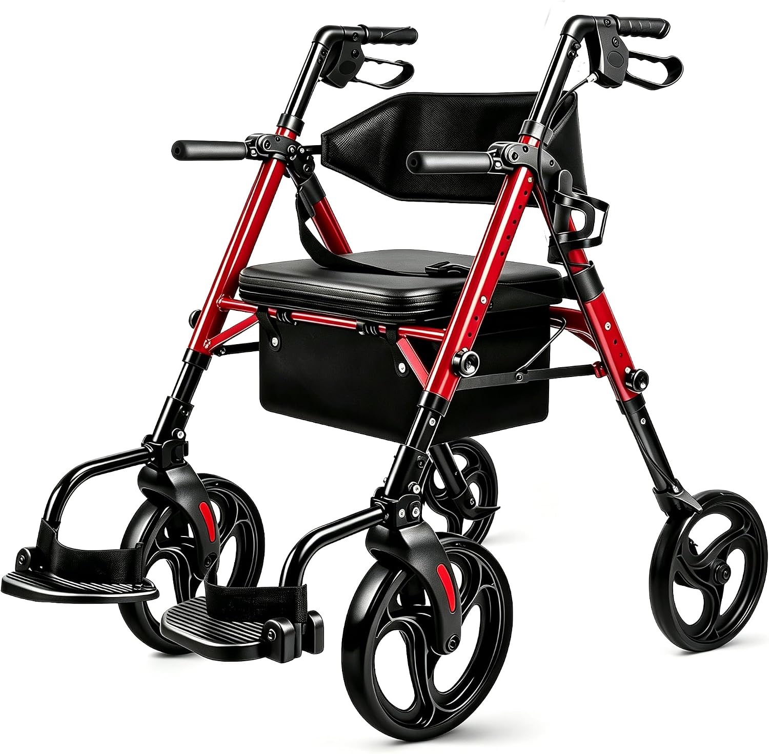 Premium 2-in-1 Rollator Transport Chair red four-wheel walker